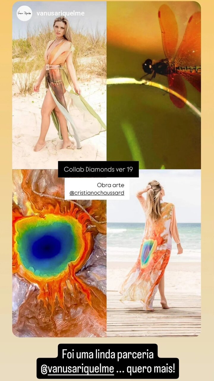 Composition showing artwork and garments from the Diamonds textile collaboration