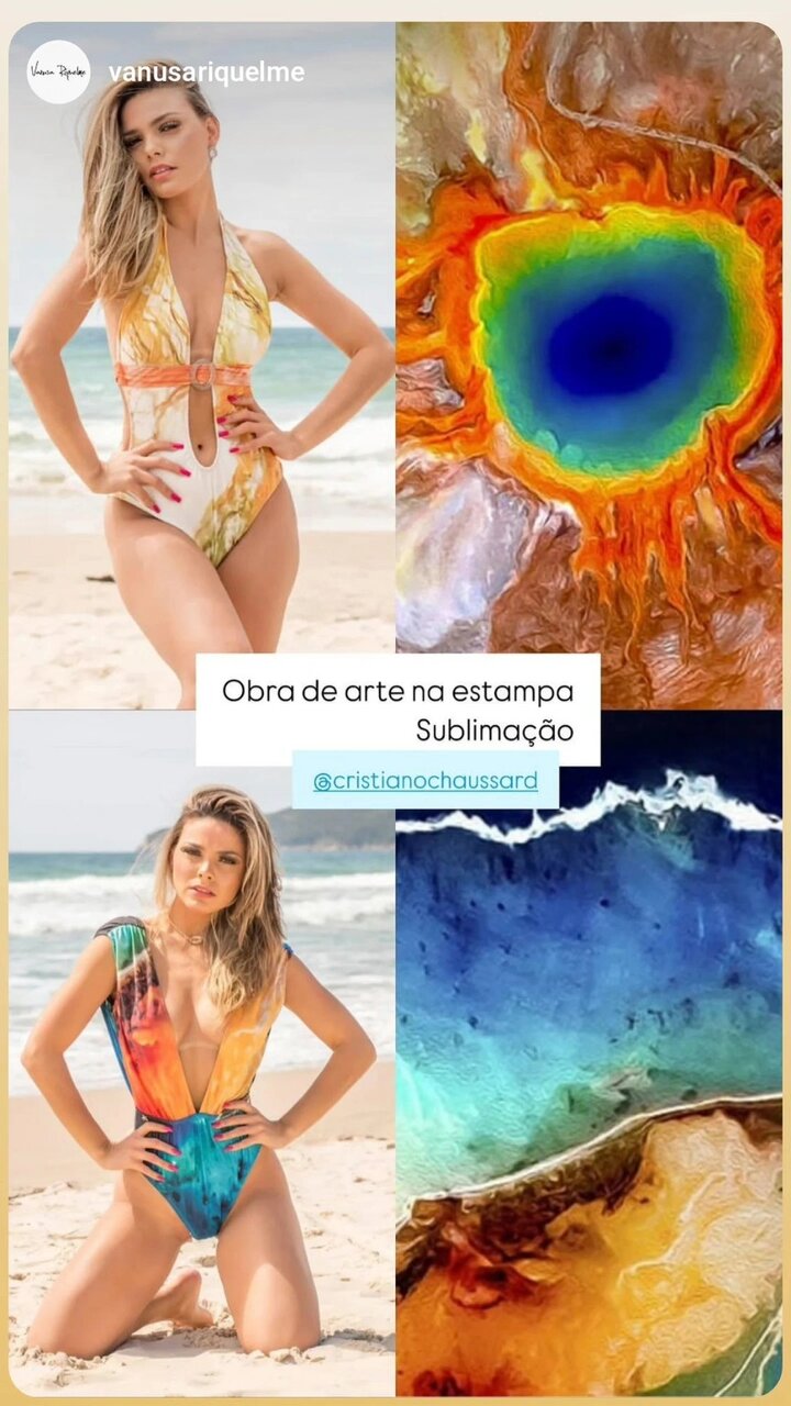 Composition showing swimsuits made with sublimated artworks
