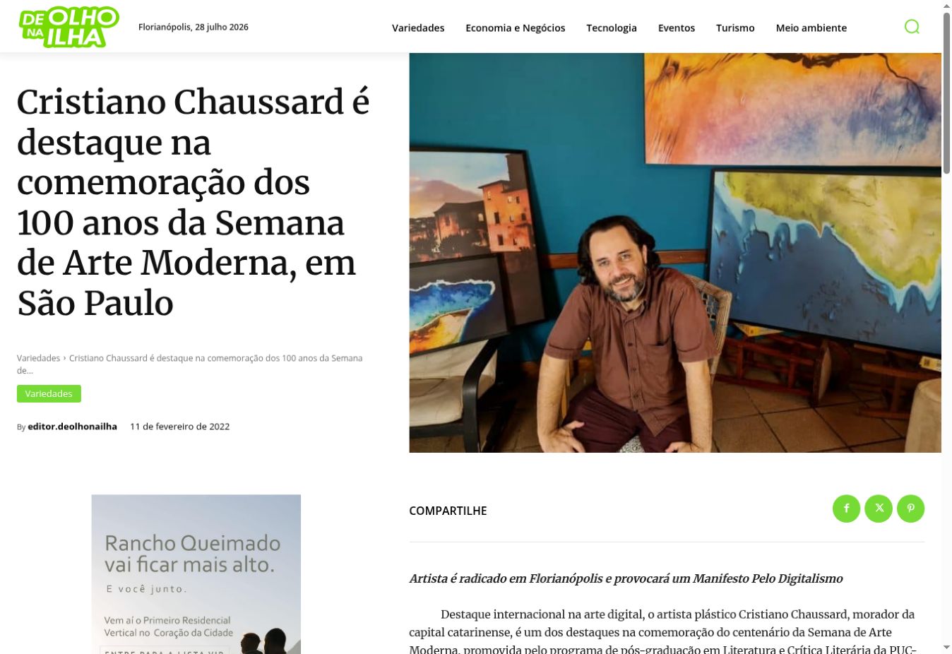 De Olho na Ilha — Cristiano Chaussard featured in the celebration of the centenary of Modern Art Week